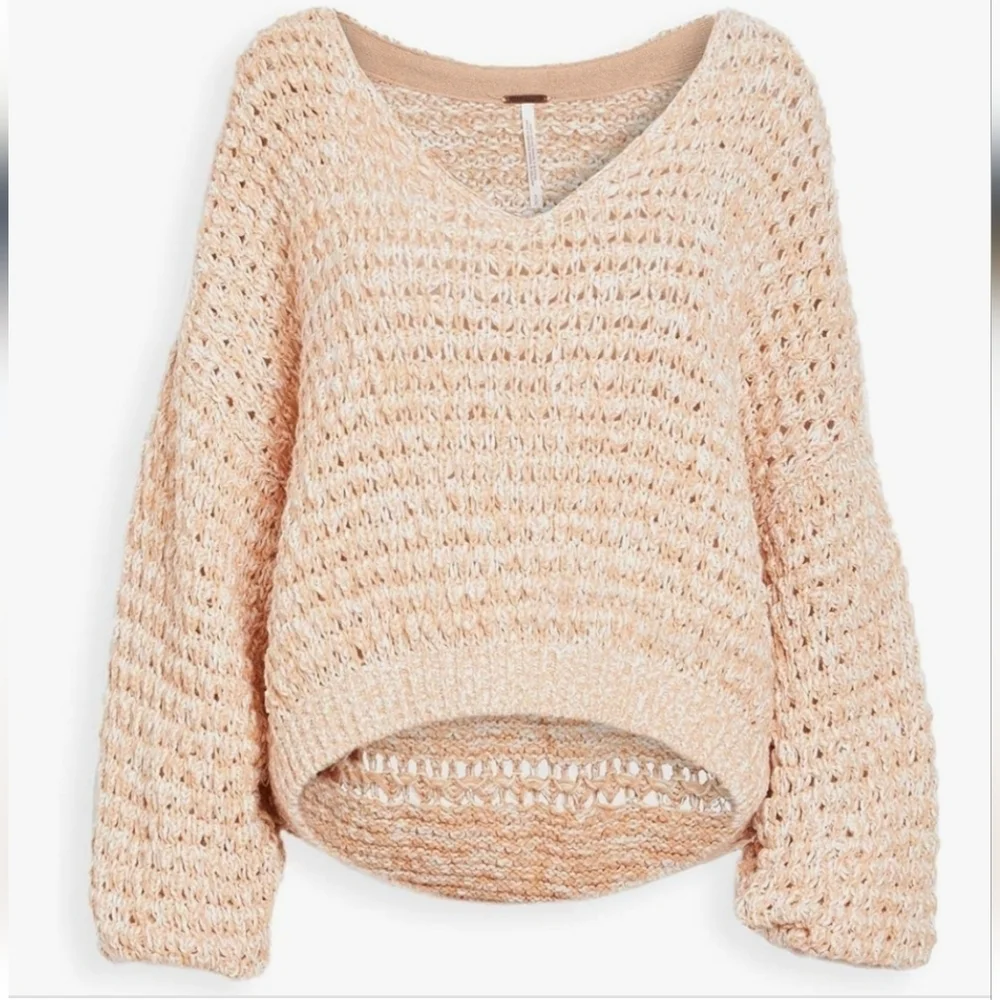 Free People Coconut Loose Weave Sandy Combo Knit Pullover Off Shoulder Shredded